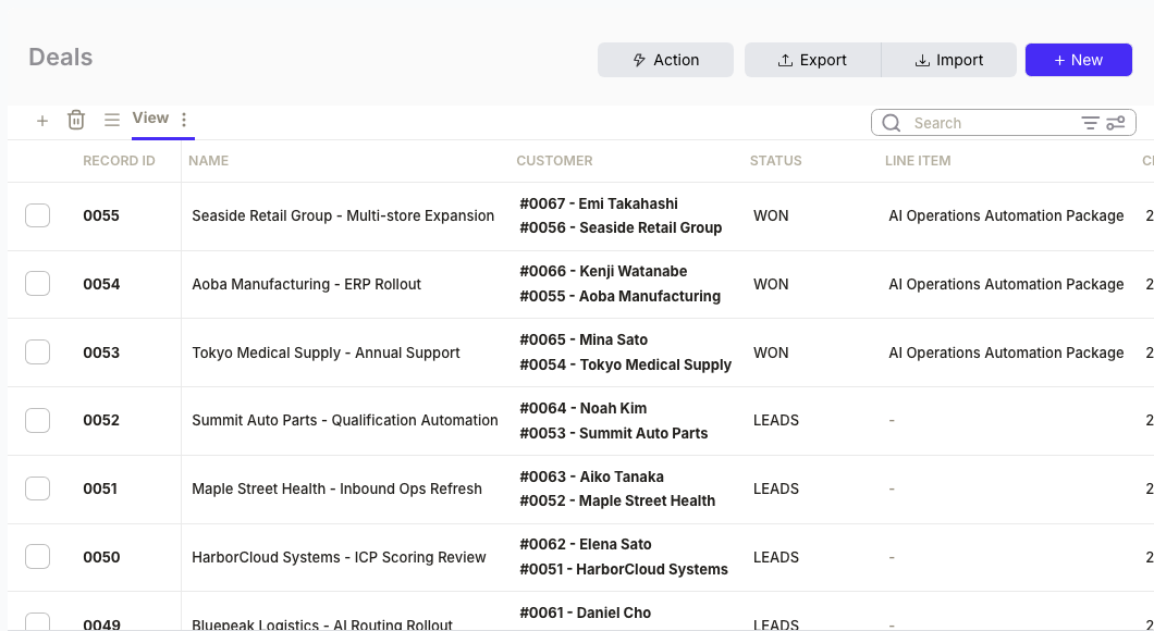 Deals pipeline showing closed-won deals ready for invoicing